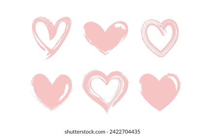 Ilustraciones de forma de corazón hechas con pinza de pincel. Colección vectorial de corazones de San Valentín dibujados a mano. Aislado sobre fondo blanco.