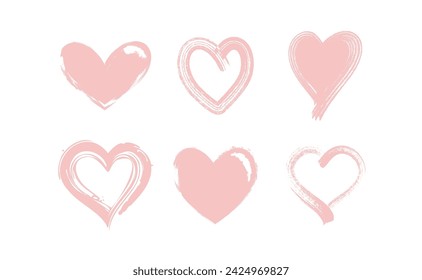Heart shape illustrations made with brush stroke. Vector collection of hand drawn grunge Valentine hearts. Isolated on white background.