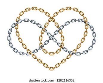 Heart shape and infinity symbol made of intersected golden and silver chains. Forever love sign. Vector realistic illustration isolated on white background.