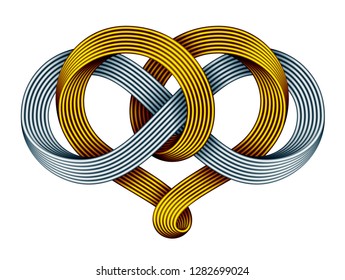Heart shape and infinity symbol made of intertwined golden and silver mobius strips as a celtic knot.. Forever love sign. Vector illustration isolated on a white background.