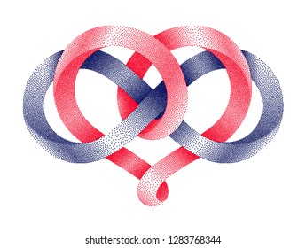 Heart shape and infinity symbol made of intertwined stippled mobius strips.. Eternal love sign. Vector illustration isolated on a white background.