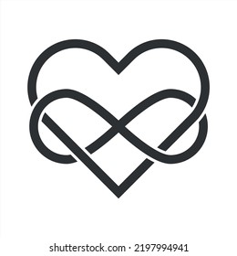 Heart shape and infinity symbol made of intertwined lines. Symbol of eternal love. Decorative graphic element. Vector illustration