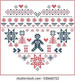 Heart Shape and inspired by  Norwegian Christmas and festive winter  pattern in cross stitch with Christmas tree, snowflake, gingerbread man , heart in red and blue