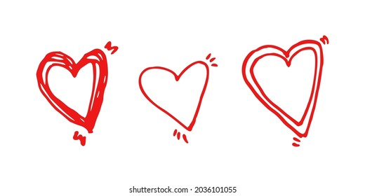 Forma cardíaca aislada sobre fondo blanco. Juego de dibujos animados de amor rojo. Elemento de matrimonio, diseño romántico de símbolos. Doodle o vector dibujado a mano.