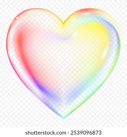 Heart Shape isolated on white background,3d Neon glowing holographic and shiny transparent rainbow love heart symbol,Fluid gradient liquid chrome heart icon,Vector element for Valentine,Wedding
