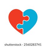 heart shape jigsaw puzzle combined together, two red and blue pieces, vector illustration