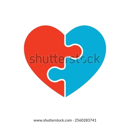 heart shape jigsaw puzzle combined together, two red and blue pieces, vector illustration