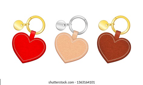 heart shape key chains pendants template set, multicolor leather key rings, vector illustration sketch template