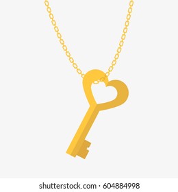 Heart shape key on chain. Flat vector stock illustration