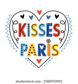 Heart shape with kisses paris text, flat sticker 
