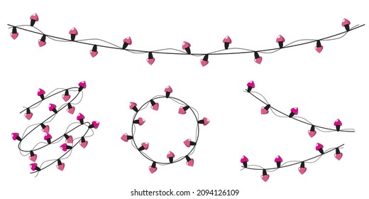 Heart shape lamp bulb garland. Heart lighting garland for Valentine's day, Mother's day decoration. Vector illustration.