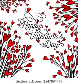 Heart shape leaves on vertical liana stems. Botanical stylish background with brush drawn plants. Happy Valentine's Day Card. hand drawn. Not AI, Vector illustration