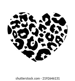 Heart shape with Leopard print texture. Abstract design element with wild animal cheetah spot skin pattern. Vector black and white textured heart for fashion print design, tag, Valentines card.