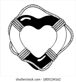 Heart shape Life ring with sea boat rope, hand drawn isolated vector illustration in black and white