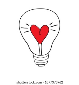 Forma cardíaca en un icono de línea de la bombilla, símbolo del vector de contorno, pictograma de estilo lineal aislado en blanco. Símbolo de amor, ilustración del logo. 