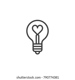 Heart shape in a light bulb line icon, outline vector sign, linear style pictogram isolated on white. Love symbol, logo illustration. Editable stroke