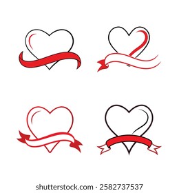 Heart Shape Line Art Concept 4 Red Ribbon