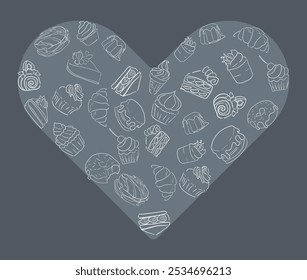 Línea de postres en forma de corazón Ilustración vectorial. Día de San Valentín Lindas panaderías dibujadas a mano. Elementos de línea de arte blanco para imprimir o libros con recetas.