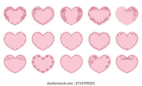 Conjunto de marco de línea en forma de corazón. Colección de silueta rosa romántica con Elementos decorativos dibujados a mano rizados. Antiguas bordea con espacio vacío para el texto. Ilustración vectorial