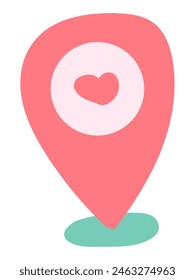 Heart shape location pin in flat design. Favourite place marker, dating pointer. Vector illustration isolated.