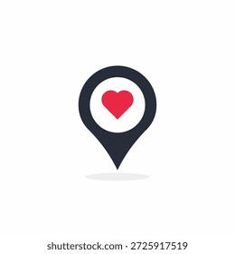 Icono de pin de ubicación de forma de corazón aislado sobre fondo blanco. Símbolo de puntero de mapa plano para navegación romántica, citas y seguimiento de destinos de amor. Ilustración vectorial minimalista