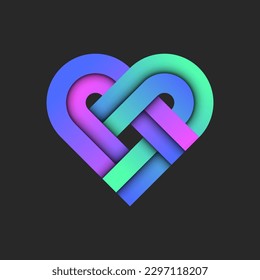 Heart shape logo from vibrant gradient, intersection rounded stripes with 3d layers effect with shadows, creative vivid weaving pattern symbol.