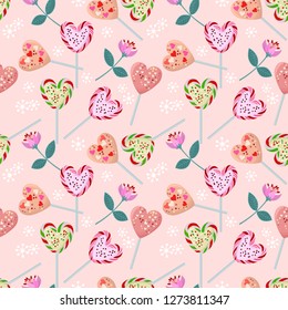 Heart shape lollipop seamless pattern, Sweet Valentine's concept.