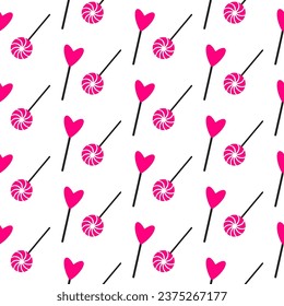 Heart shape lollipop and swirls lollipop seamless pattern. Hand drawn sweet lollipops for Valentine day. Wrap with heart shape lollipop icon on seamless pattern for Valentine day, New Year, Easter.