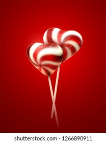 Heart shape lollipops. Vector 3d illustration of sweets. Sugar candies. Love concept. Valentines day decoration.