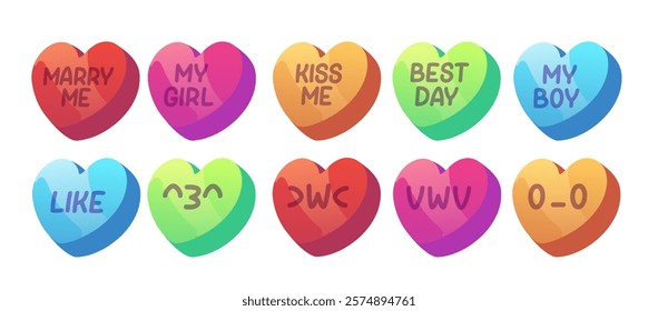 Heart shape love conversation candies set isolated on white. Vector cartoon illustration of Valentine Day color sweets with romantic messages and smileys, collection of confectionery treats for flirt