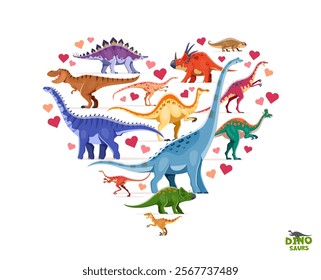 Heart shape, i love dinosaurs banner. Extinct reptile vector personages banner with Jurassic era titanosauria, velociraptor, avaceratops and alvarezsaurus, lambeosaurus, hypselosaurus cute dinosaurs