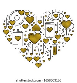 Heart shape with love elements in gold. Heart vector illustration. Love couple, relationship, dating wedding, romantic, amour concept theme. Unique Valentine day print.