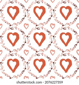 Heart shape, love seamless pattern. Hand drawn ink paint brush stroke, cute doodle design. Floral wreath circle, pastel coral red pink color palette. Transparent background. Vector illustration