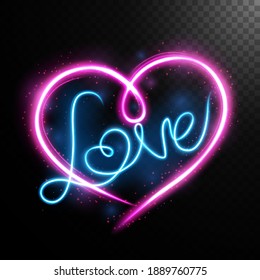Heart shape and love text light motion effect sets, isolated on transparent pattern. Vector Illustration
