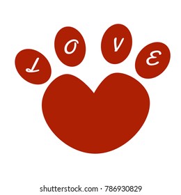 heart shape and love texting on an animal  footprint. red color. vector illustration for valentine day.