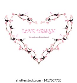 Heart shape loving design Lorem Ipsum background. Painting pink and black loving birds, blooming branches, hearts on white. Stock vector illustration for wedding design