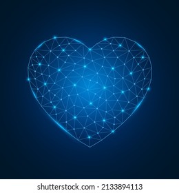 Heart shape with low poly glowing connected dots. Futuristic heart  symbol with triangular blue shapes. Vector isolated on dark blue background.
