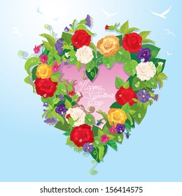 Heart shape is made of beautiful flowers - roses, pansies, bellflowers on blue sky background. Valentines Day card.