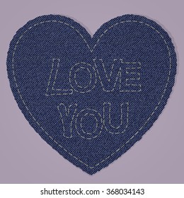 A heart shape made of blue denim jeans texture with a fancywork i love you. realistic vintage and retro material. perfect for valentines day and love declarations.