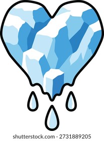 Una forma de corazón hecha de bloques de hielo azul con gotas de agua derretidas. Ideal para la expresión emocional, conceptos de salud mental, efectos visuales del cambio climático y proyectos de Diseño gráfico modernos.
