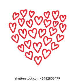 Heart shape made from bold line red hearts doodles. Line hand drawn illustration.