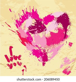 Heart shape is made of brush strokes and blots and handwritten text I love you - element for Valentines Day or wedding design.