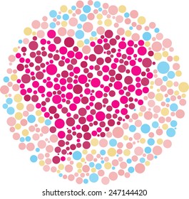 Heart shape made of circles, inspired by colour blind tests. 