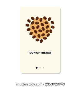 Heart shape made from coffee beans flat icon. Vertical sign or vector illustration of coffee for breakfast or lunch element. Food, health, morning for web design and apps