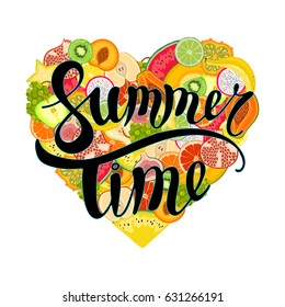  heart shape made from different kinds of exotic fruits with phrase- Summer Time isolated on white background.