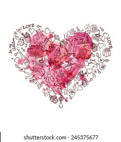  Heart shape made with doodle love symbols and watercolor splashes. Valentine's day hand drawn concept. Greeting card. Vector illustration 