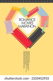 Heart Shape Made From Film Strip Pieces, Creative Artistic Poster Concept For Valentine's Day Cinema Event. Romance Movies Marathon Abstract Vector Banner Design.