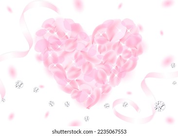 Heart shape made of fluffy pink petals. Petals, ribbons, and diamonds flutter in the air around it.