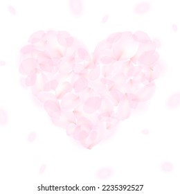 Heart shape made of fluffy pink petals and petals blowing in the wind