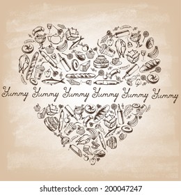 Heart shape made from food and drink . Vintage style. Vector illustration.